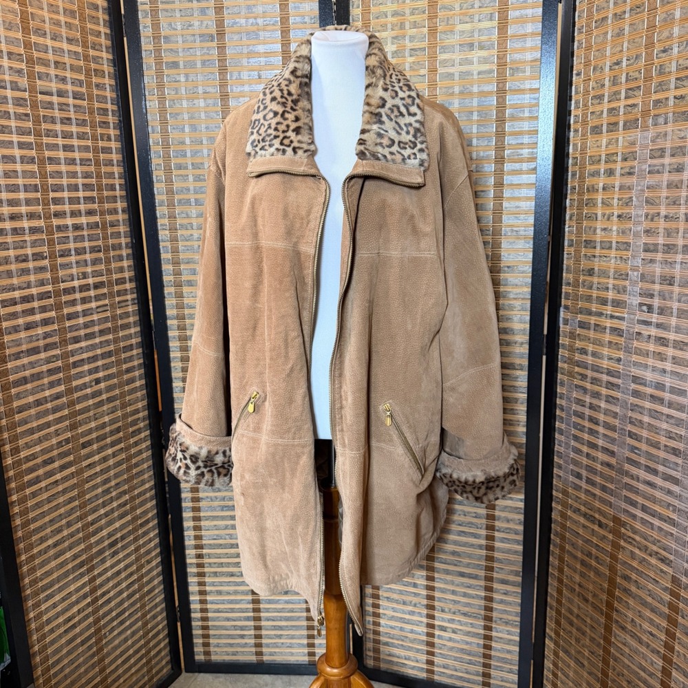 CBO New York Leather Jacket Women 4X Tan Leopard Faux Fur Trim Suede Coat